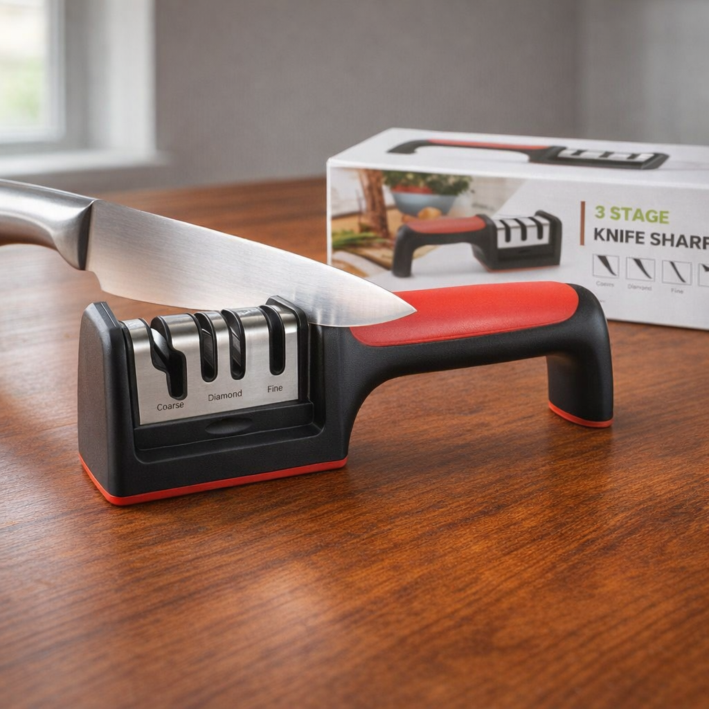 Professional 3-Stage Kitchen Knife Sharpener | Manual Tool for Steel & Ceramic Knives | Ergonomic Handle & Non-Slip Base