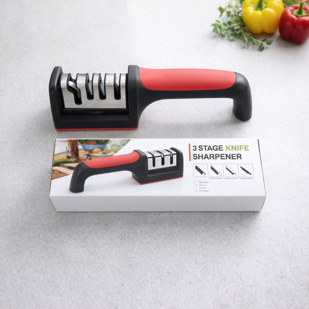Professional 3-Stage Kitchen Knife Sharpener | Manual Tool for Steel & Ceramic Knives | Ergonomic Handle & Non-Slip Base