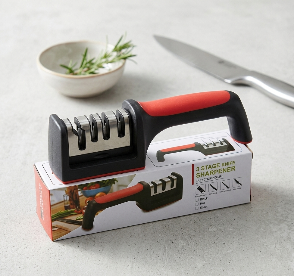 Professional 3-Stage Kitchen Knife Sharpener | Manual Tool for Steel & Ceramic Knives | Ergonomic Handle & Non-Slip Base
