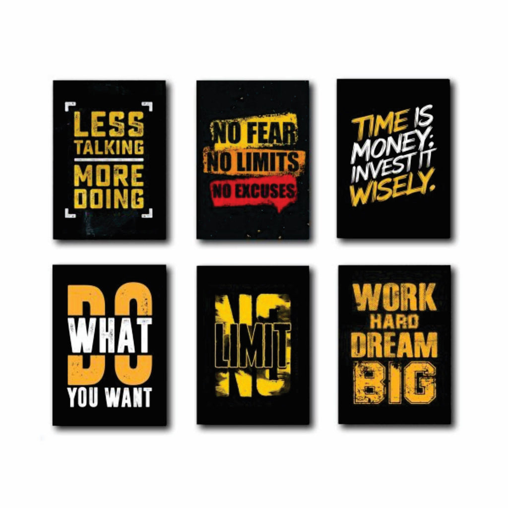 Set of 6 Hustle Motivational Quote Wall Art | Black, Gold & Yellow Bold Typography | 8x11 Inch MDF Canvas