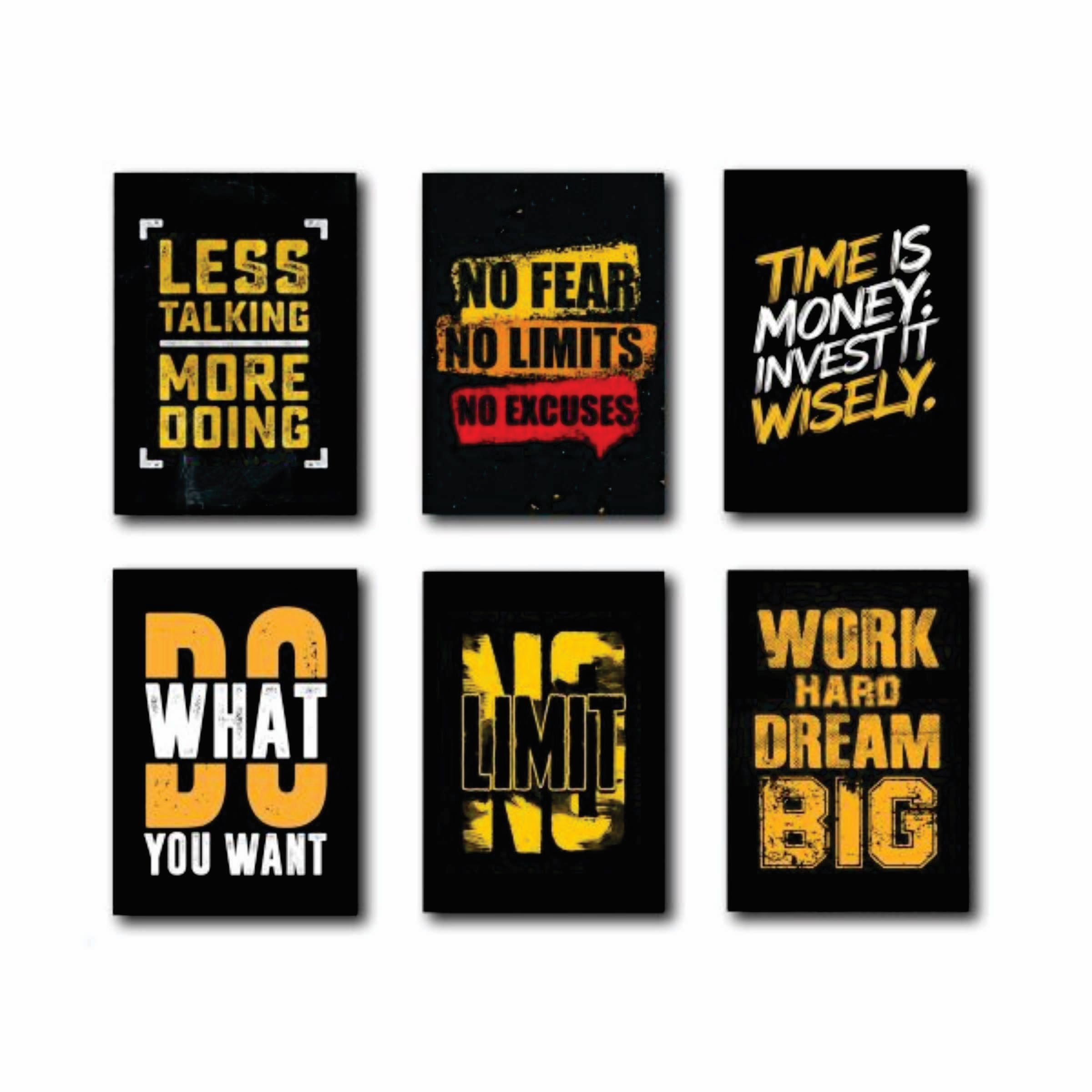 Set of 6 Hustle Motivational Quote Wall Art | Black, Gold & Yellow Bold Typography | 8x11 Inch MDF Canvas