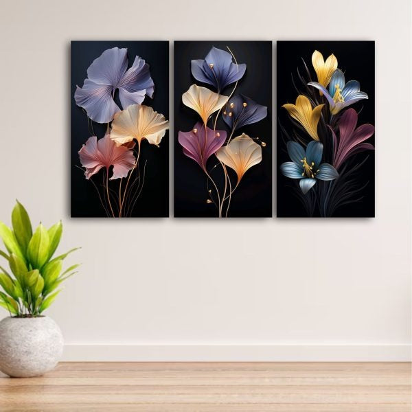 Set of 3 Modern Flower Wall Art Photo Tiles | Abstract Floral & Leaf Patterns | 8x11 Inch Each | Home Decor