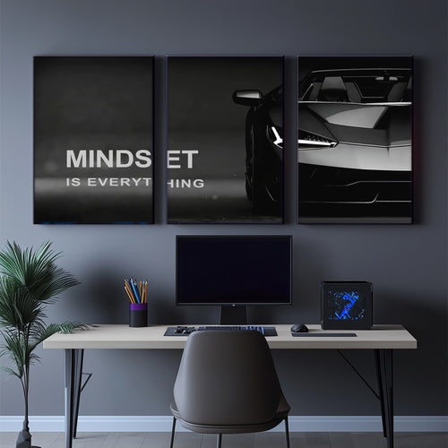 3-Piece "Mindset Is Everything" Supercar Wall Art | Dark Luxury Automotive Canvas | 8x11 Inch Each | MDF Wooden Sticky Tiles