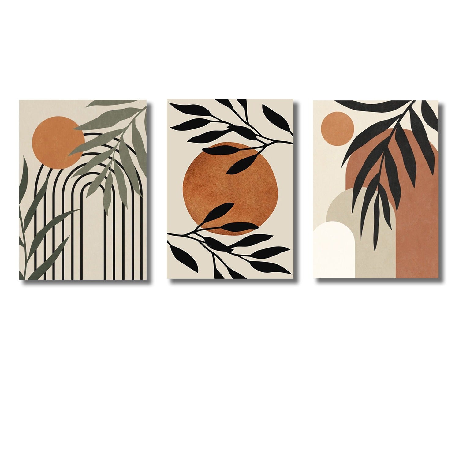 Set of 3 Mid Century Modern Boho Sun Wall Art | Earthy Terracotta & Sage | Abstract Botanical | 8x11 Inch MDF Canvas