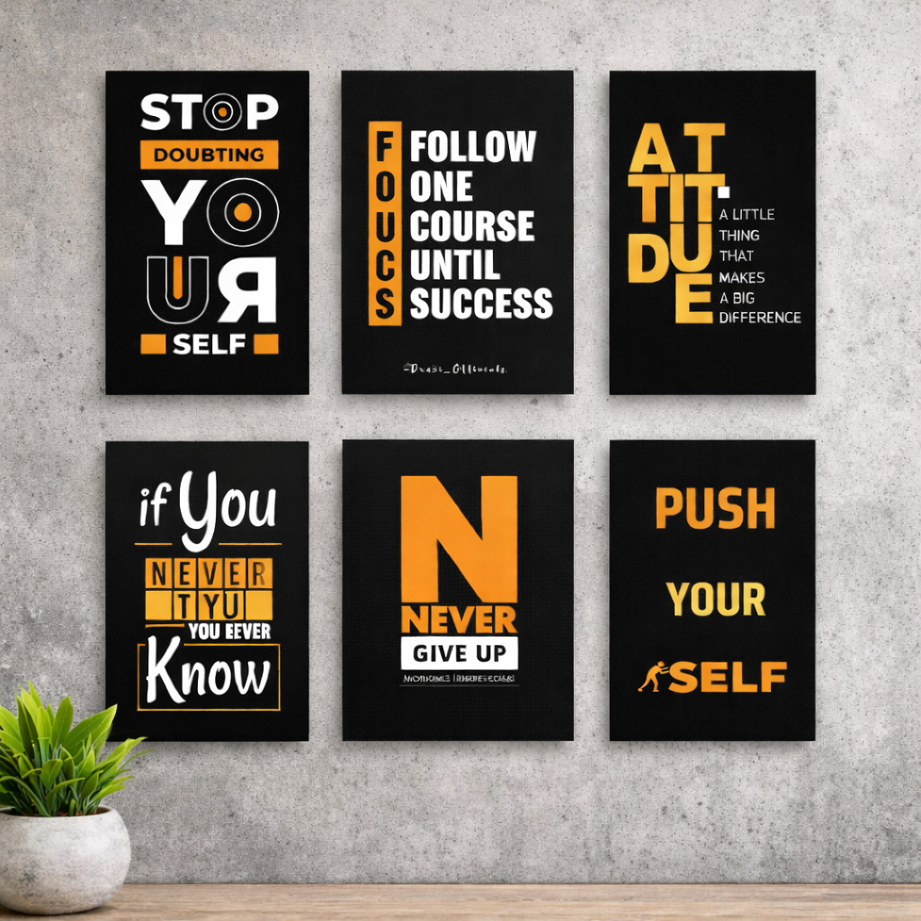 Set of 6 Motivational Quote Wall Art | Black & Gold Bold Typography | 8x11 Inch Each | Home, Office & Study Decor