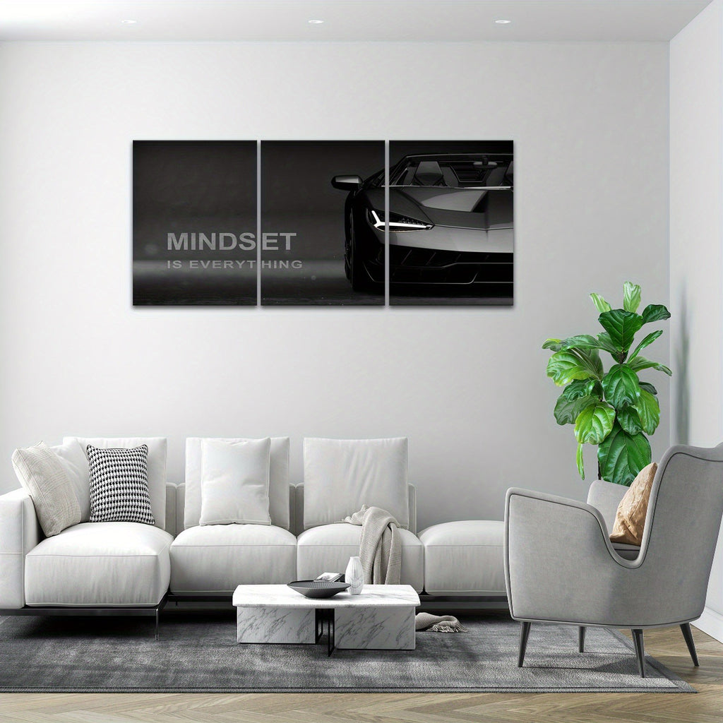 3-Piece "Mindset Is Everything" Supercar Wall Art | Dark Luxury Automotive Canvas | 8x11 Inch Each | MDF Wooden Sticky Tiles
