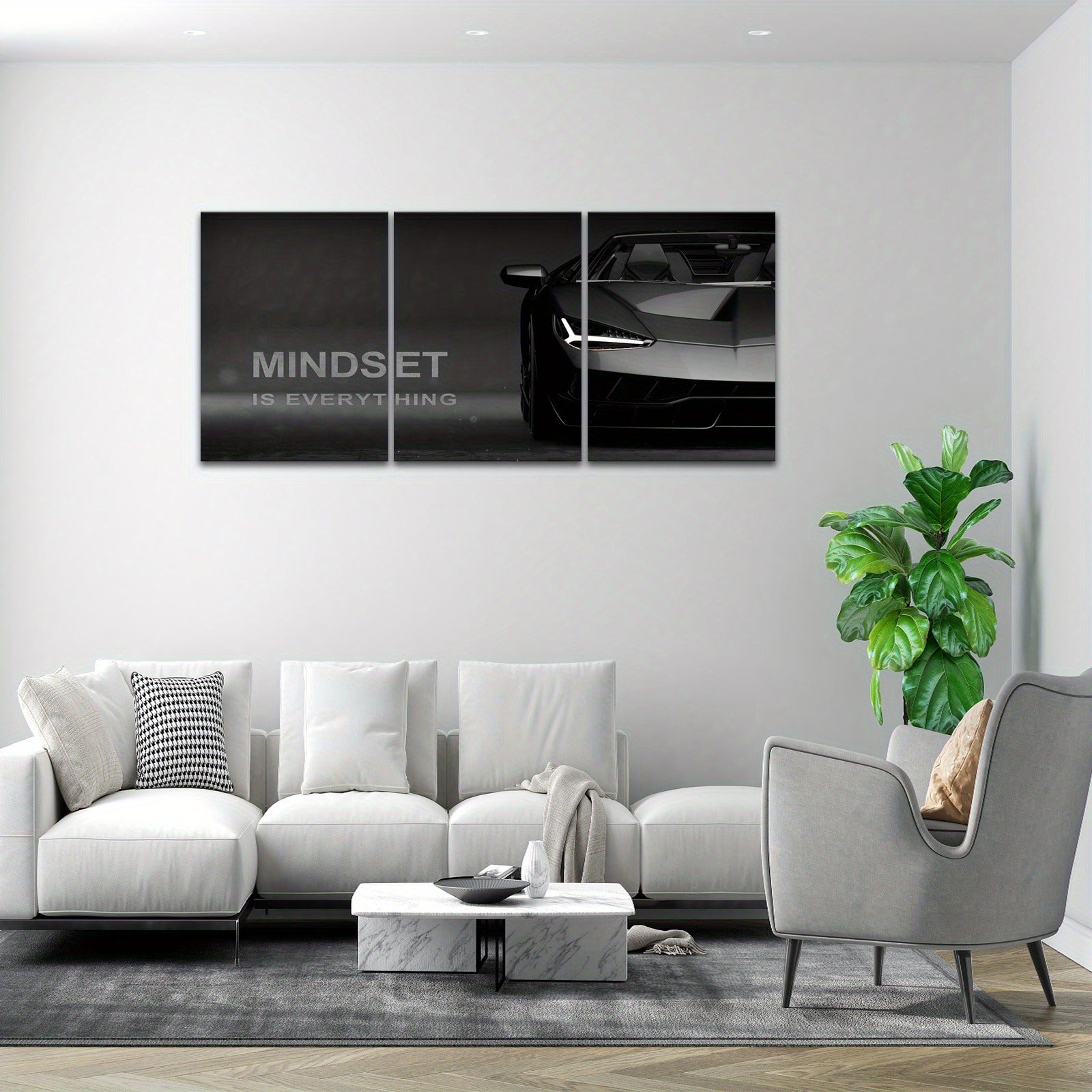 3-Piece "Mindset Is Everything" Supercar Wall Art | Dark Luxury Automotive Canvas | 8x11 Inch Each | MDF Wooden Sticky Tiles