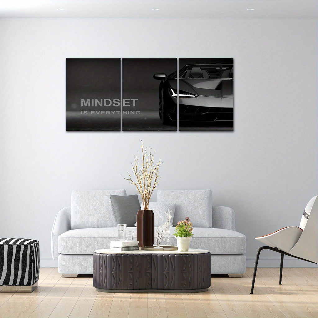 3-Piece "Mindset Is Everything" Supercar Wall Art | Dark Luxury Automotive Canvas | 8x11 Inch Each | MDF Wooden Sticky Tiles