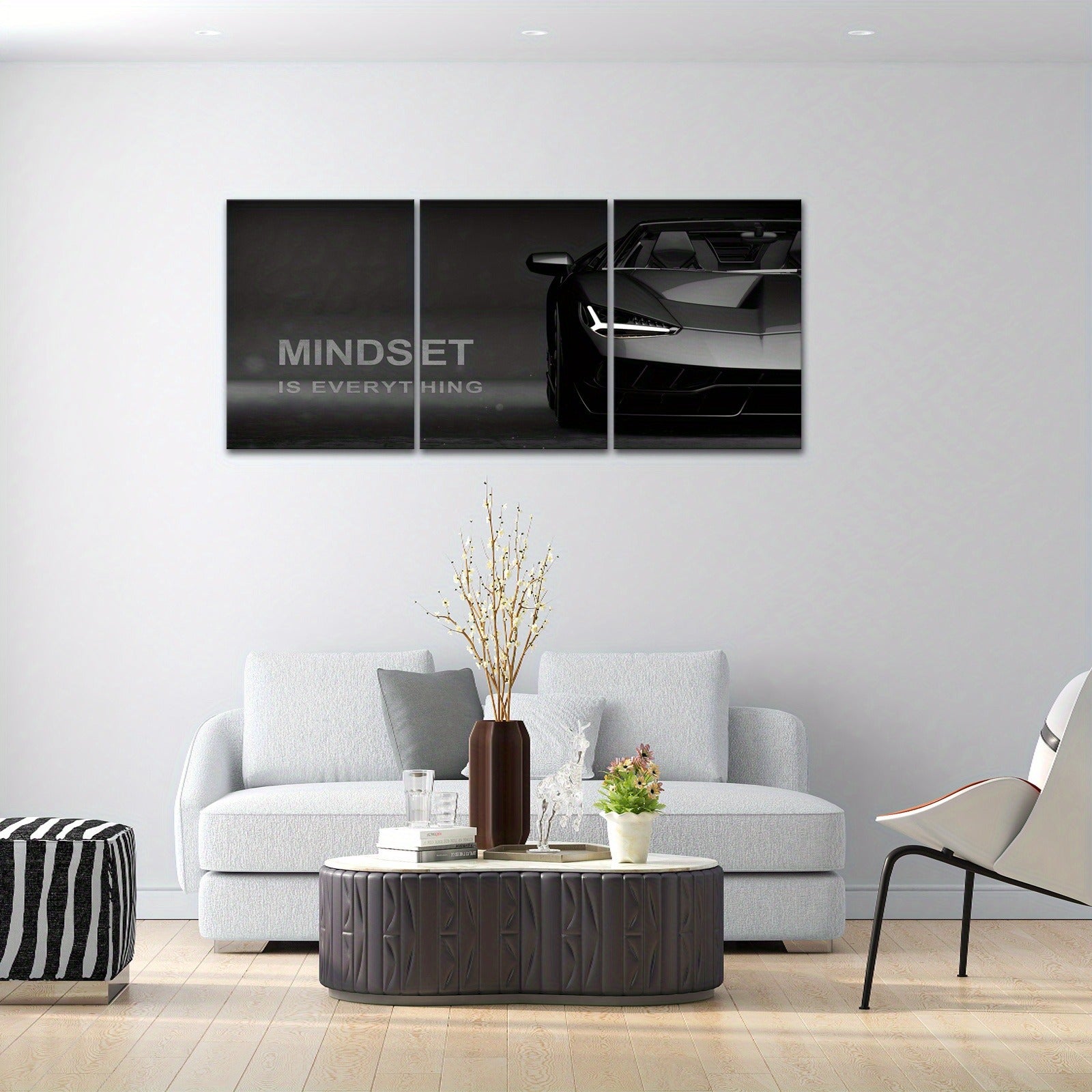 3-Piece "Mindset Is Everything" Supercar Wall Art | Dark Luxury Automotive Canvas | 8x11 Inch Each | MDF Wooden Sticky Tiles