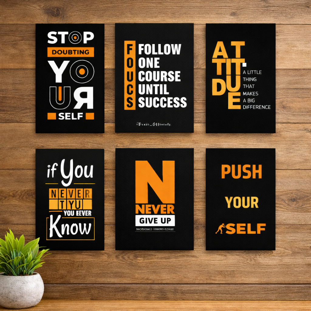 Set of 6 Motivational Quote Wall Art | Black & Gold Bold Typography | 8x11 Inch Each | Home, Office & Study Decor