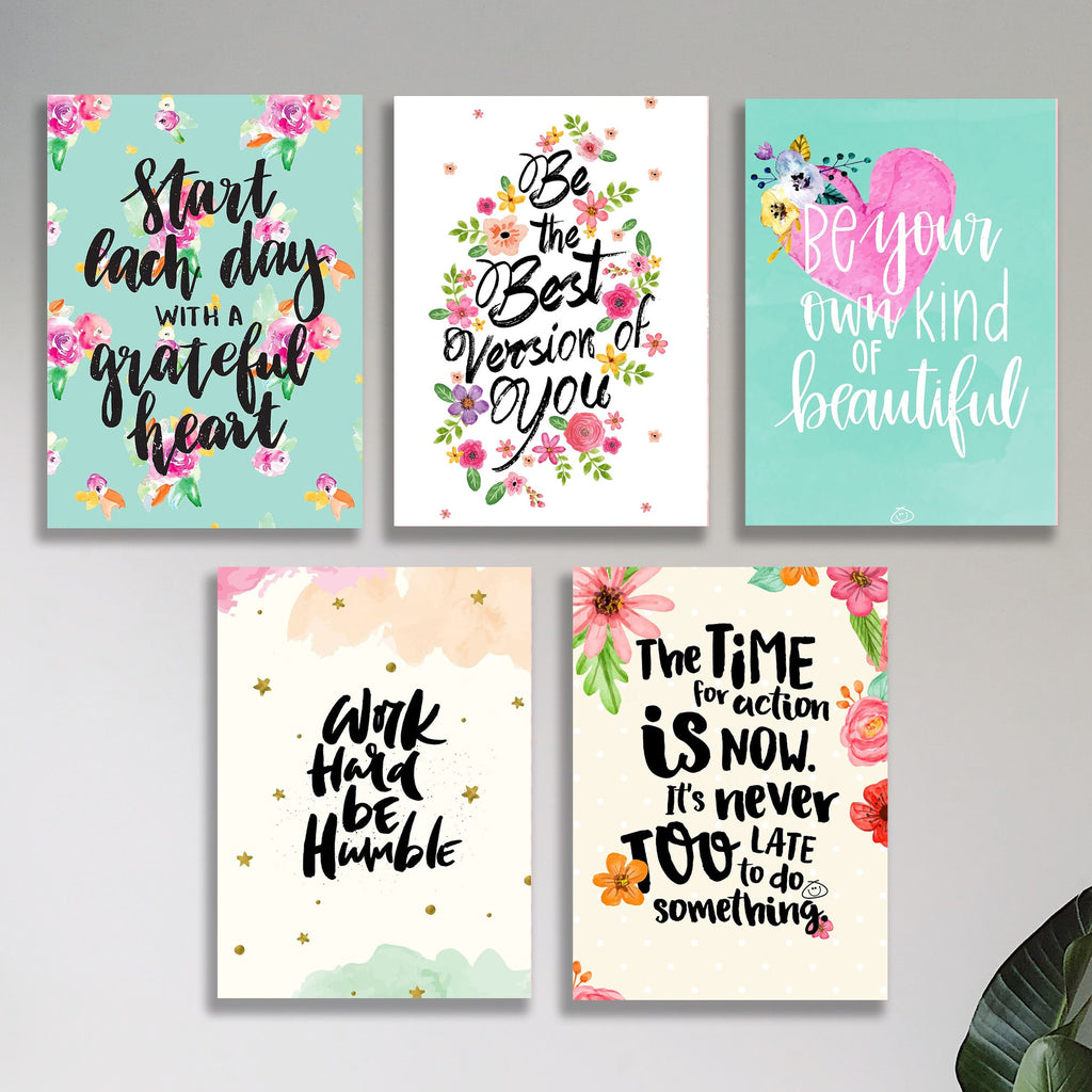 Set of 5 Floral Motivational Quote Wall Art | Watercolour Botanical | Feminine Inspirational Canvas | 8x11 Inch MDF