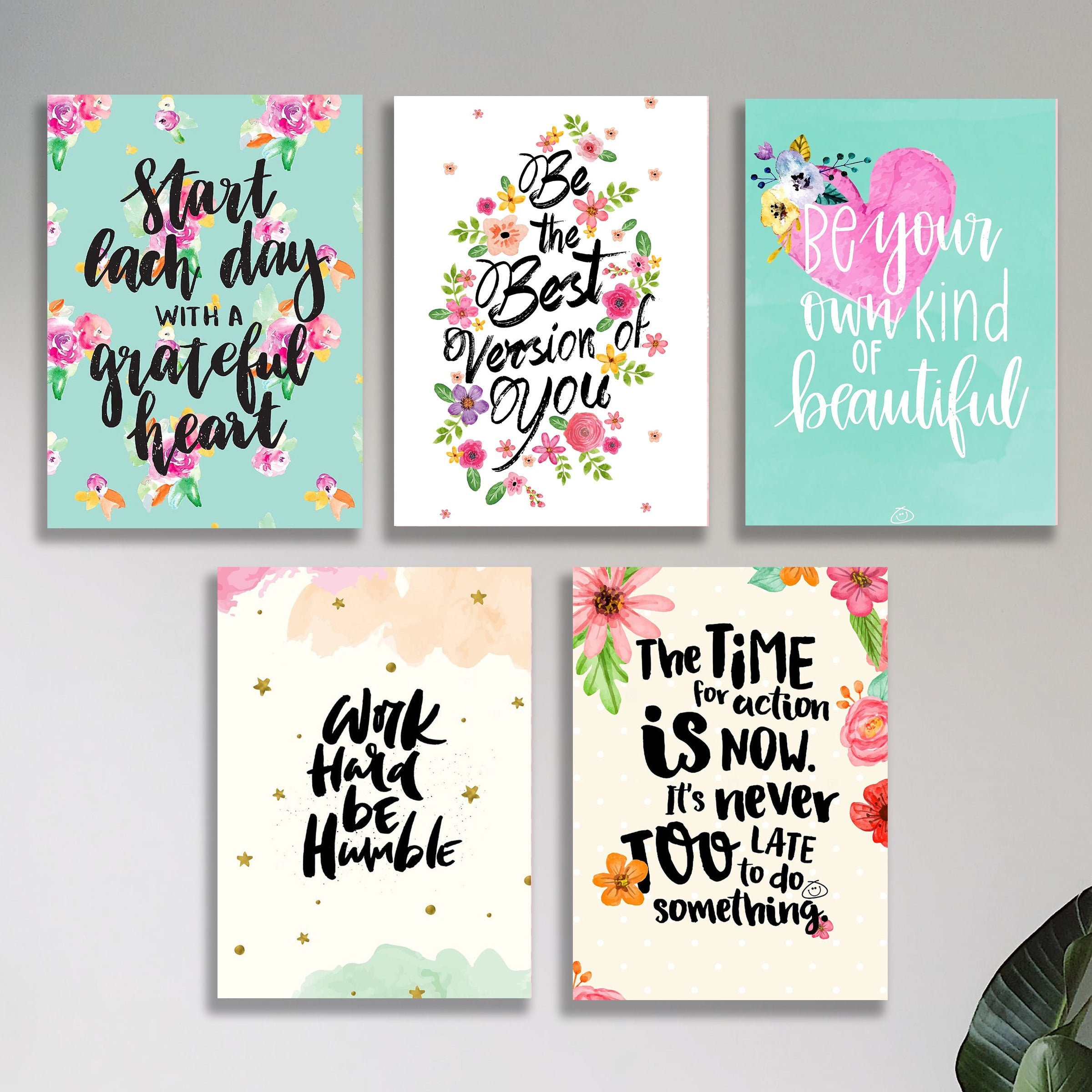 Set of 5 Floral Motivational Quote Wall Art | Watercolour Botanical | Feminine Inspirational Canvas | 8x11 Inch MDF