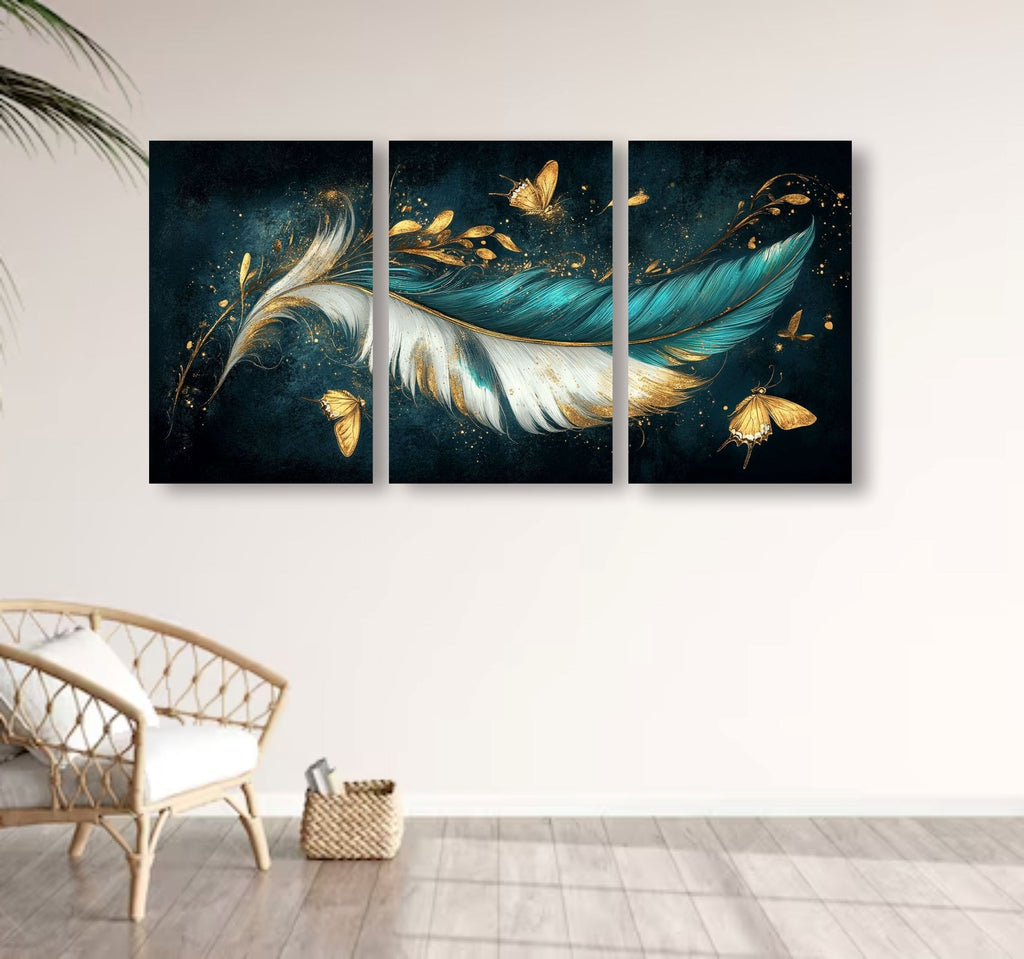 Set of 3 Feather & Butterfly Canvas Prints | Teal, White & Gold | Luxury Abstract Wall Art | 8x11 Inch MDF Canvas