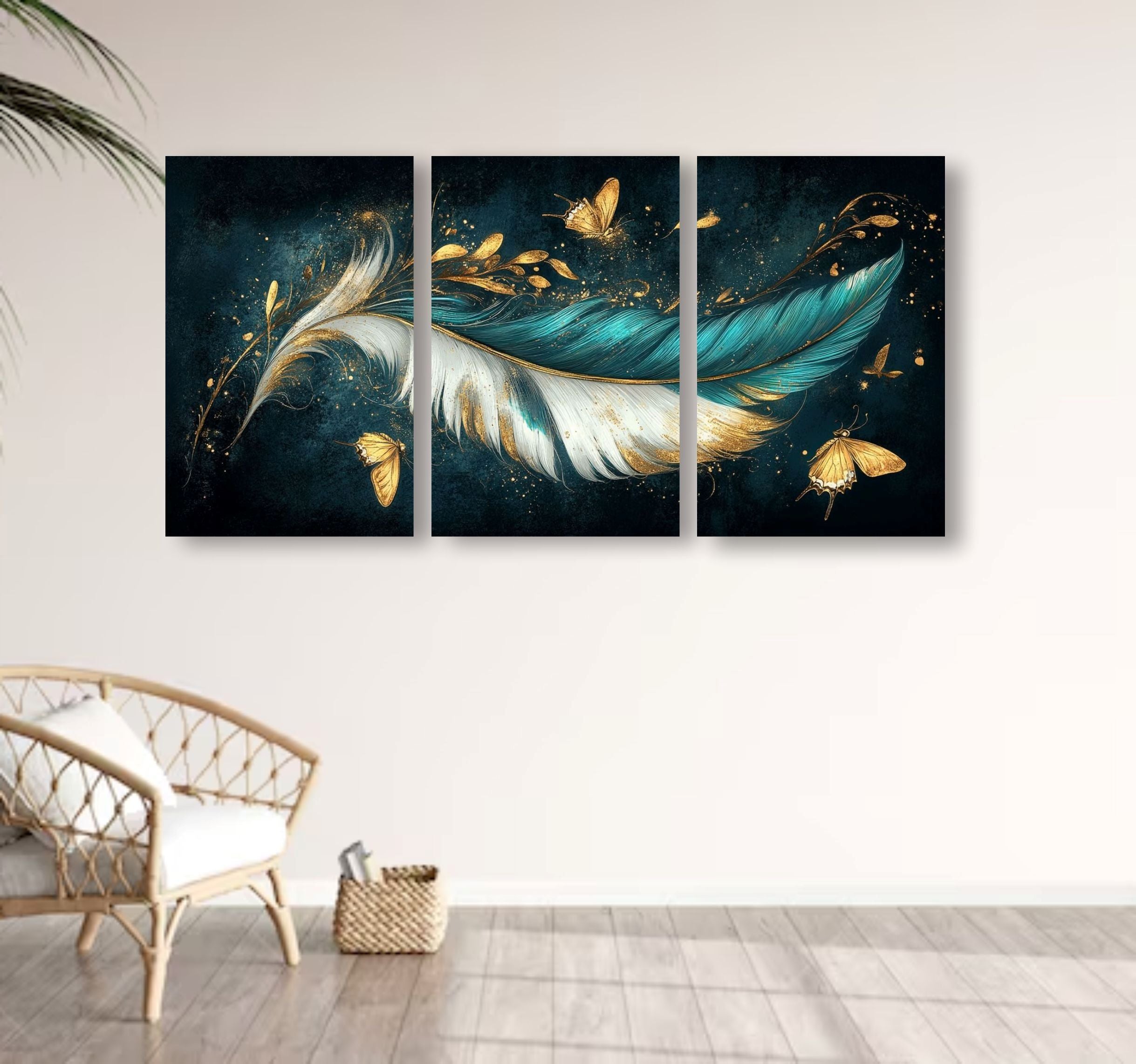 Set of 3 Feather & Butterfly Canvas Prints | Teal, White & Gold | Luxury Abstract Wall Art | 8x11 Inch MDF Canvas