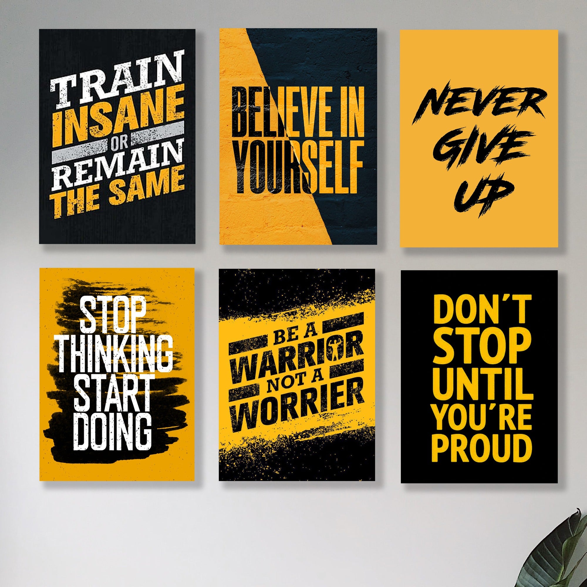 Set of 6 Gym & Hustle Motivational Quote Wall Art | Black & Yellow Bold Typography | 8x11 Inch MDF Canvas