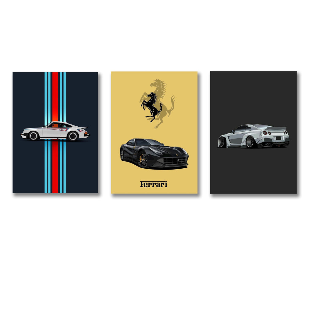 Set of 3 Supercar Wall Art | Porsche | Ferrari | Nissan GT-R | Bold Automotive Canvas Prints | 8x11 Inch MDF