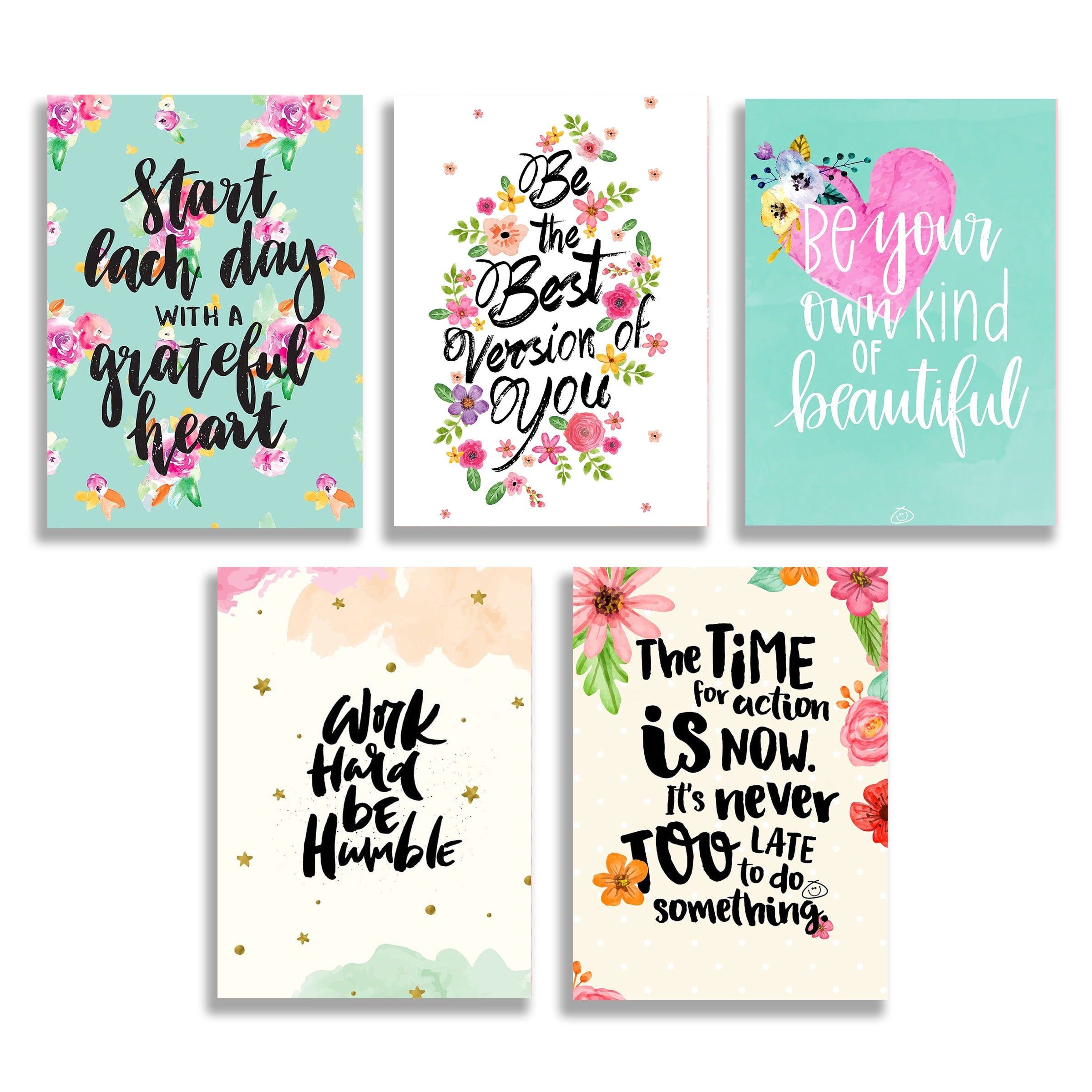 Set of 5 Floral Motivational Quote Wall Art | Watercolour Botanical | Feminine Inspirational Canvas | 8x11 Inch MDF