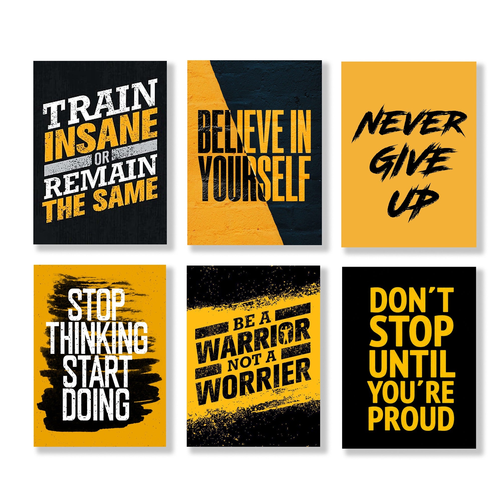 Set of 6 Gym & Hustle Motivational Quote Wall Art | Black & Yellow Bold Typography | 8x11 Inch MDF Canvas
