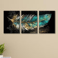 Set of 3 Teal & Gold Feather Panoramic Wall Art | Abstract Luxury Canvas | Dark Background | 8x11 Inch MDF Each