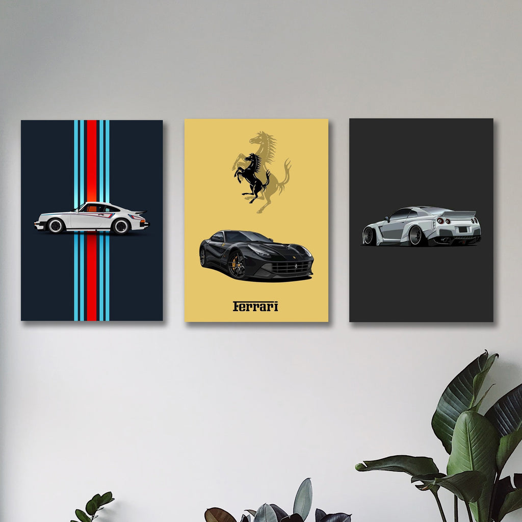 Set of 3 Supercar Wall Art | Porsche | Ferrari | Nissan GT-R | Bold Automotive Canvas Prints | 8x11 Inch MDF