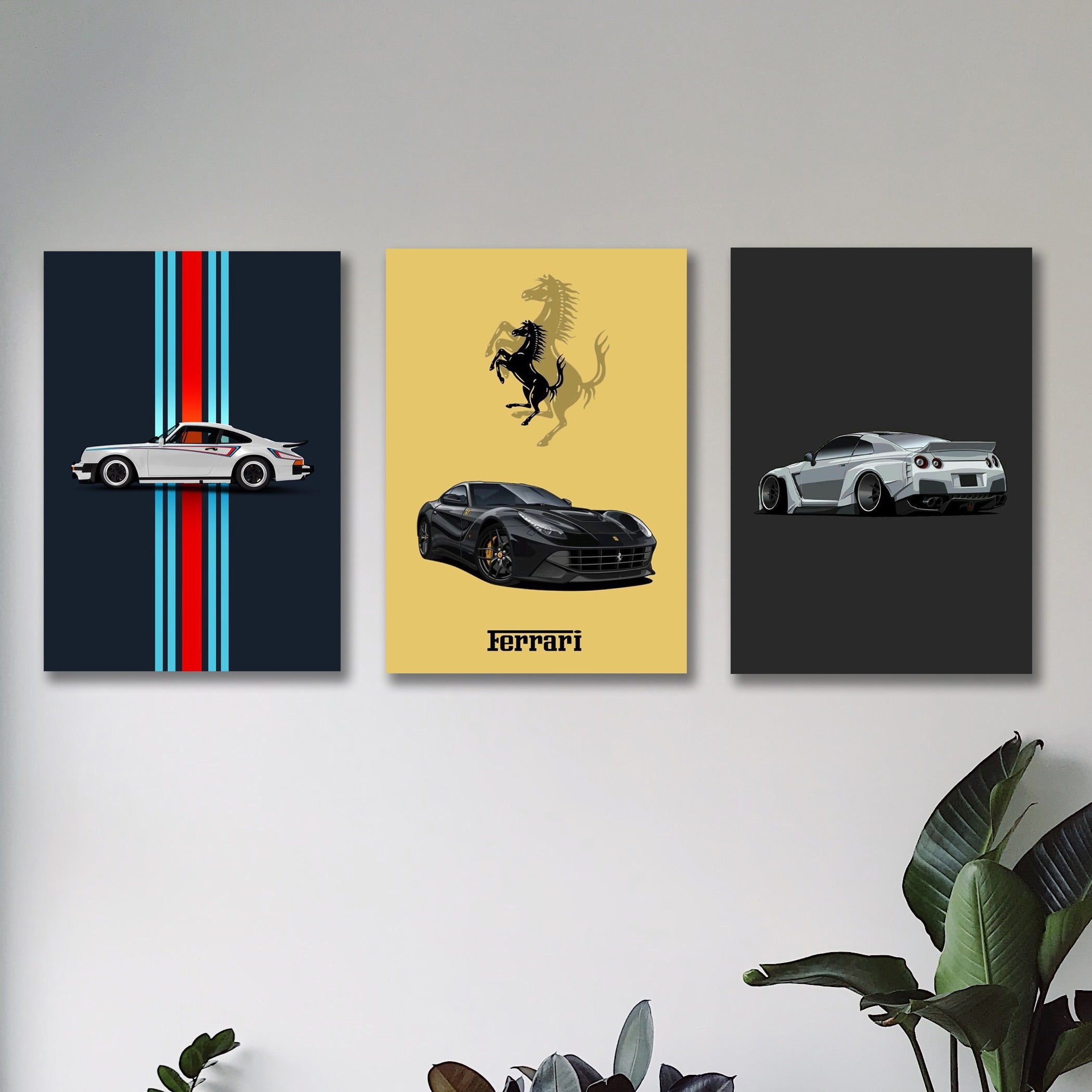 Set of 3 Supercar Wall Art | Porsche | Ferrari | Nissan GT-R | Bold Automotive Canvas Prints | 8x11 Inch MDF