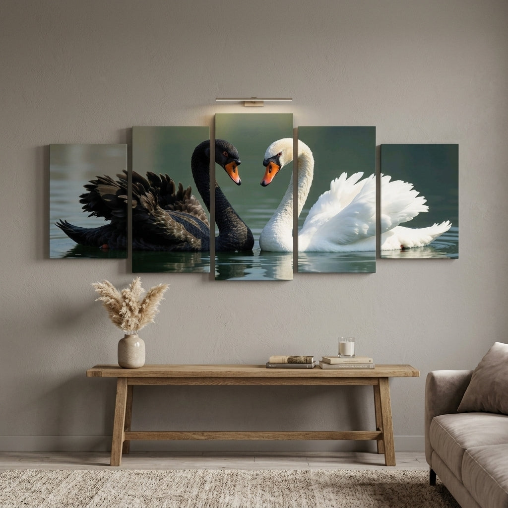 Black & White Swan Love 5-Piece Wall Art Set | Romantic Nature Canvas | 40x16 Inch | MDF Wooden Sticky Tiles