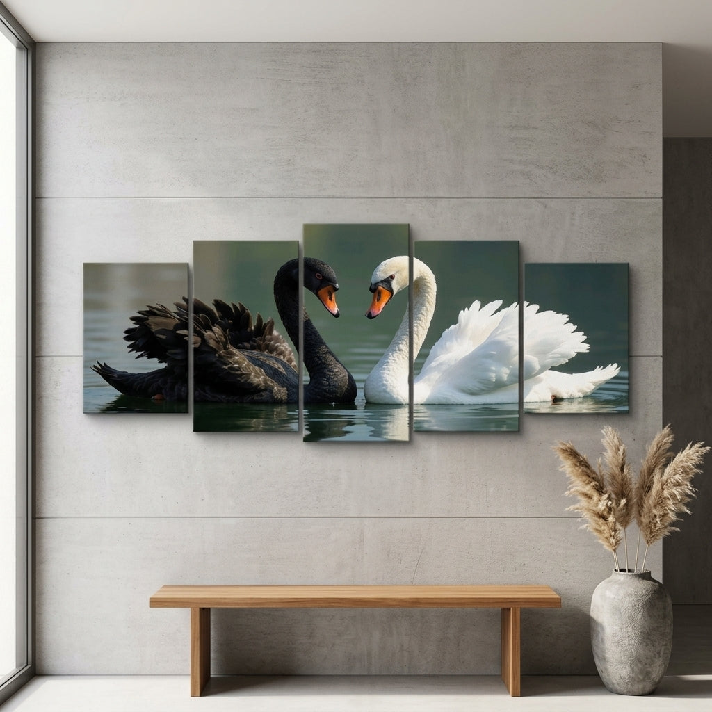 Black & White Swan Love 5-Piece Wall Art Set | Romantic Nature Canvas | 40x16 Inch | MDF Wooden Sticky Tiles