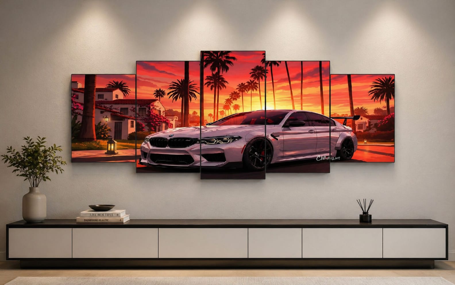 BMW M5 Sunset Palm Trees 5-Piece Wall Art Set | Luxury Car Automotive Canvas | 40x16 Inch | MDF Wooden Sticky Tiles