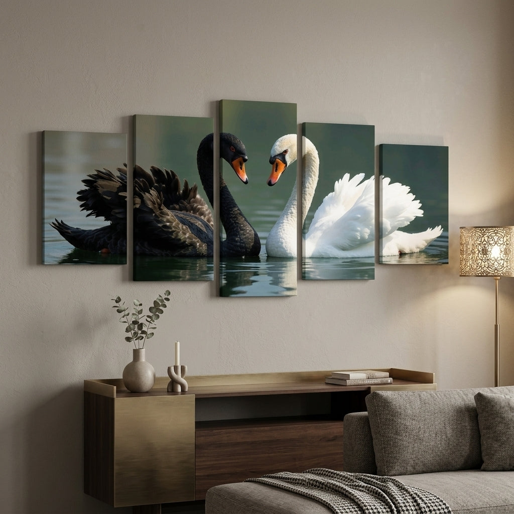 Black & White Swan Love 5-Piece Wall Art Set | Romantic Nature Canvas | 40x16 Inch | MDF Wooden Sticky Tiles