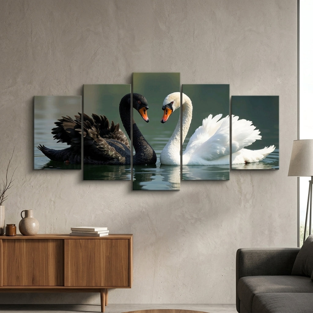 Black & White Swan Love 5-Piece Wall Art Set | Romantic Nature Canvas | 40x16 Inch | MDF Wooden Sticky Tiles