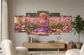 Princess in Pink Flower Field 5-Piece Wall Art Set | Fairy Tale Girls Room Canvas | 40x16 Inch | MDF Wooden Sticky Tiles