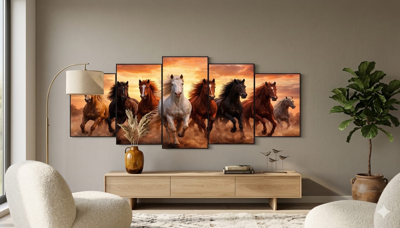 Running Horses Sunset 5-Piece Wall Art Set | 40x16 Inch | Wooden Sticky Tiles | Ready to Hang