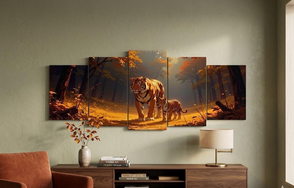 Tiger & Cub Autumn Forest 5-Piece Wall Art Set | Wildlife Nature Canvas | 40x16 Inch | MDF Wooden Sticky Tiles
