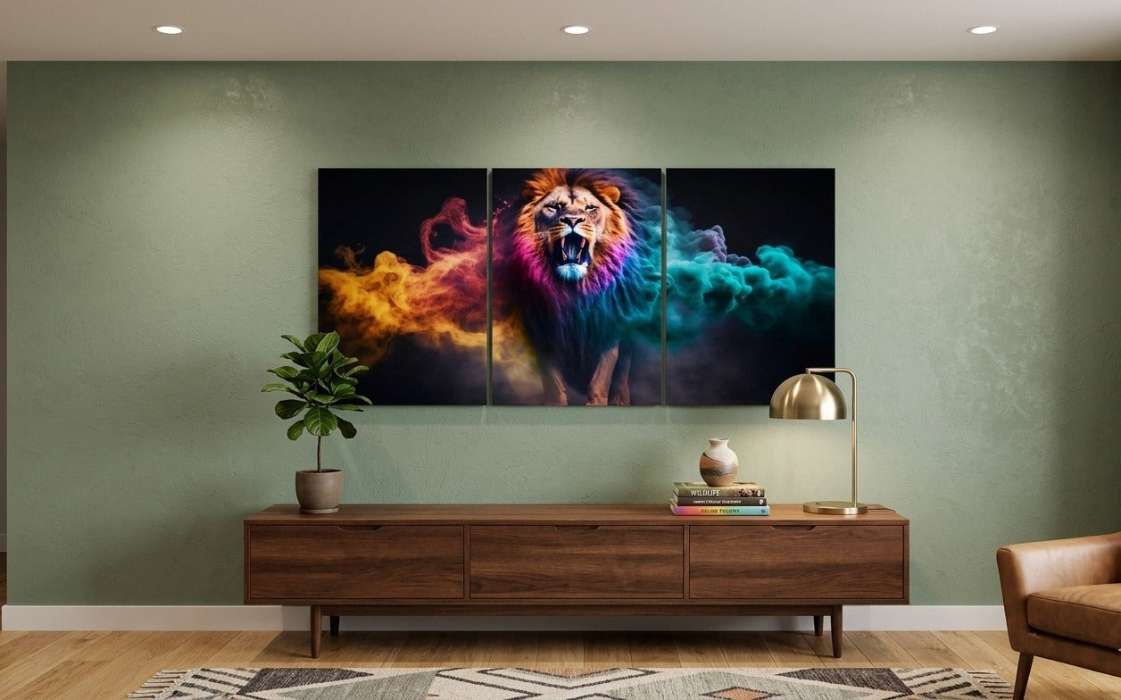 3-Piece Roaring Lion Colorful Smoke Wall Art | Wooden Sticky Tiles Canvas Painting | 24x11 Inch Ready Size | MDF