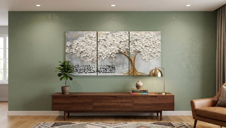 3-Piece Islamic Calligraphy Wall Art | Golden Tree & White Flowers | Wooden Sticky Tiles Canvas | 8x11 Inch Each