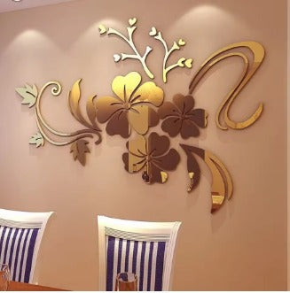 Acrylic Flower Mirror 3D Wall Stickers | Floral Vine & Hibiscus Design | Gold & Silver | 24x36 Inch | Bedroom, Living Room & TV Background Decor