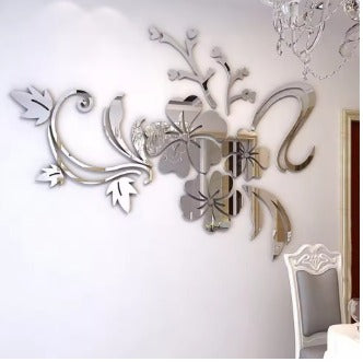 Acrylic Flower Mirror 3D Wall Stickers | Floral Vine & Hibiscus Design | Gold & Silver | 24x36 Inch | Bedroom, Living Room & TV Background Decor