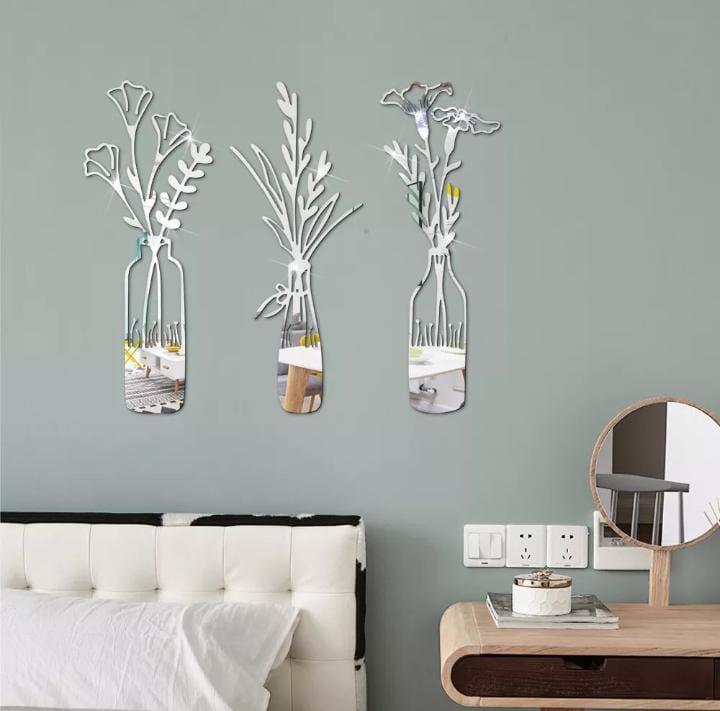 3-Piece Acrylic Mirror Leaf Vase Wall Art | Gold & SIlver Mirror Botanical Frames | Modern Living Room & Bedroom Decor