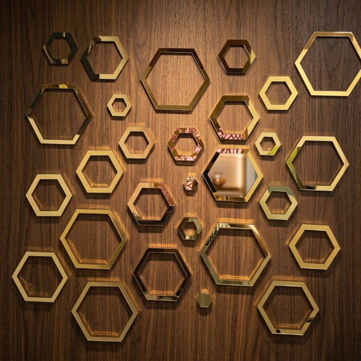 24-Piece Hexagonal Acrylic Mirror Wall Stickers | Gold DIY Geometric Honeycomb Decor | Mix Sizes 1"-7" | Bedroom, Living Room & Kids Room