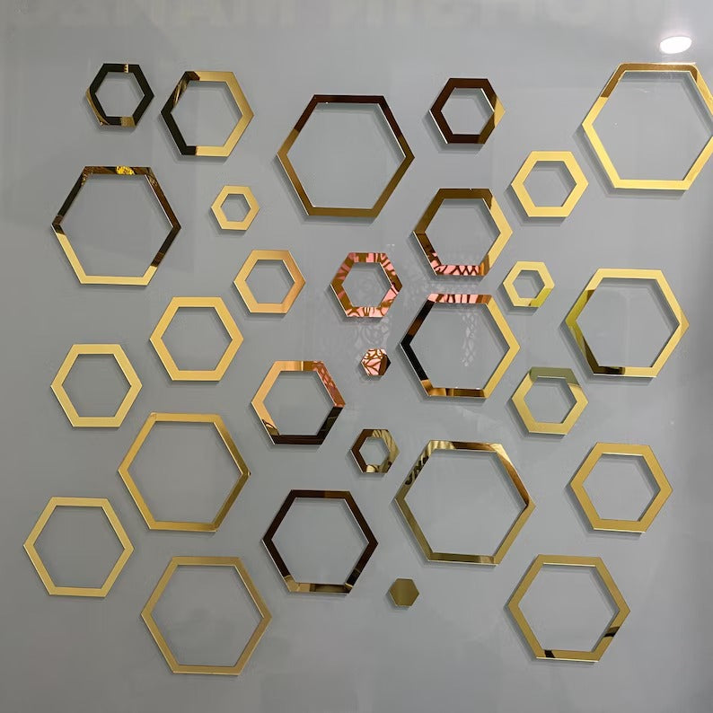 24-Piece Hexagonal Acrylic Mirror Wall Stickers | Gold DIY Geometric Honeycomb Decor | Mix Sizes 1"-7" | Bedroom, Living Room & Kids Room
