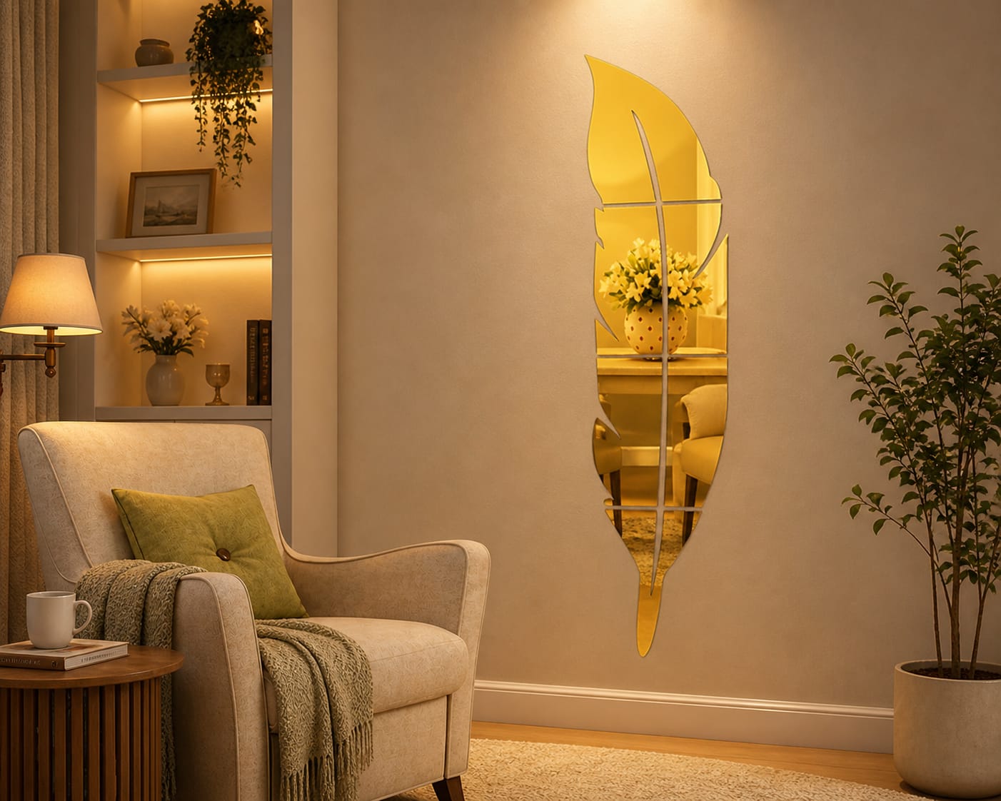 EVENTO 3D Acrylic Leaf Mirror Wall Decor | Gold Mirror Finish | Botanical Wall Art Sticker | Home & Office