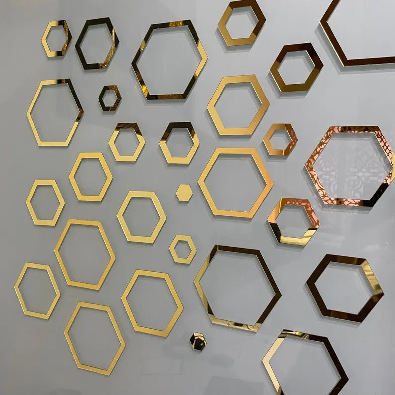 24-Piece Hexagonal Acrylic Mirror Wall Stickers | Gold DIY Geometric Honeycomb Decor | Mix Sizes 1"-7" | Bedroom, Living Room & Kids Room