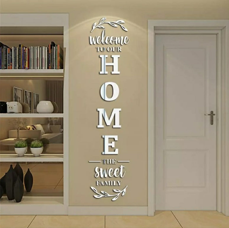 "Welcome To Our Home" Gold Acrylic Mirror Wall Decoration | Sweet Family Entrance Décor Sticker | 12x60 Inch | Vertical Sign