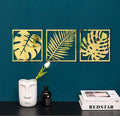3-Piece Acrylic Mirror Tropical Leaf Wall Art Frames | Gold & Silver | Monstera & Palm | 24x8 Inch (Each 8x8 Inch) | Modern Home Decor