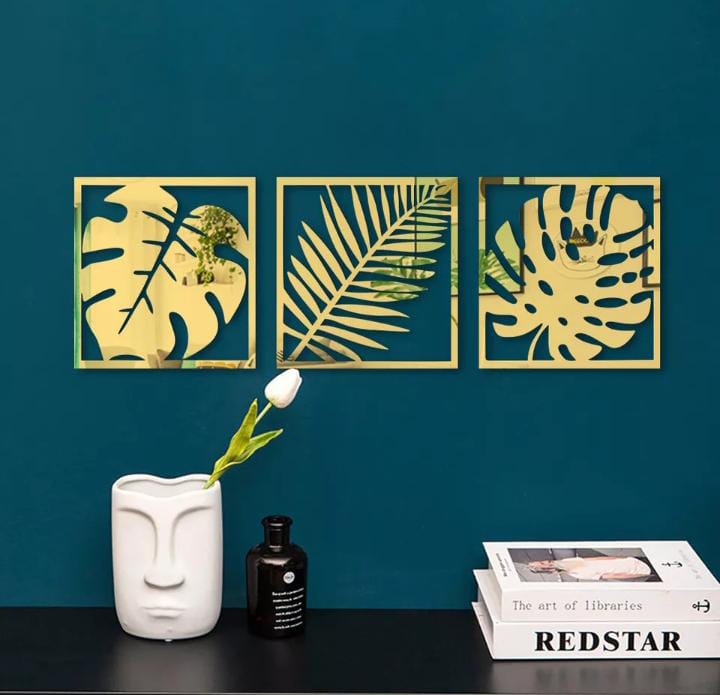 3-Piece Acrylic Mirror Tropical Leaf Wall Art Frames | Gold & Silver | Monstera & Palm | 24x8 Inch (Each 8x8 Inch) | Modern Home Decor