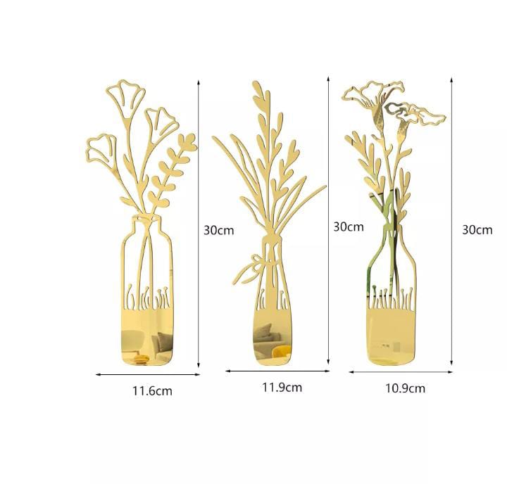 3-Piece Acrylic Mirror Leaf Vase Wall Art | Gold & SIlver Mirror Botanical Frames | Modern Living Room & Bedroom Decor