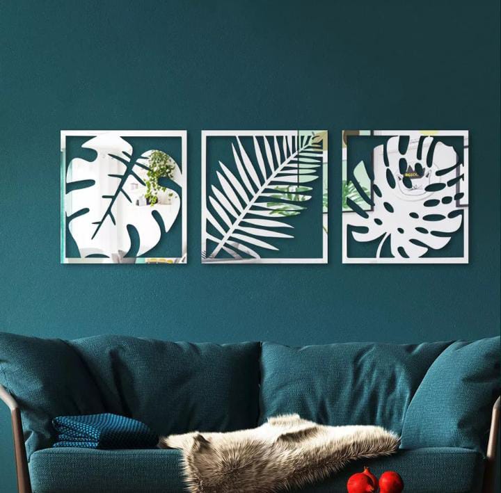 3-Piece Acrylic Mirror Tropical Leaf Wall Art Frames | Gold & Silver | Monstera & Palm | 24x8 Inch (Each 8x8 Inch) | Modern Home Decor