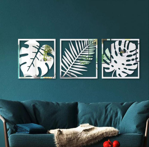 3-Piece Acrylic Mirror Tropical Leaf Wall Art Frames | Gold & Silver | Monstera & Palm | 24x8 Inch (Each 8x8 Inch) | Modern Home Decor