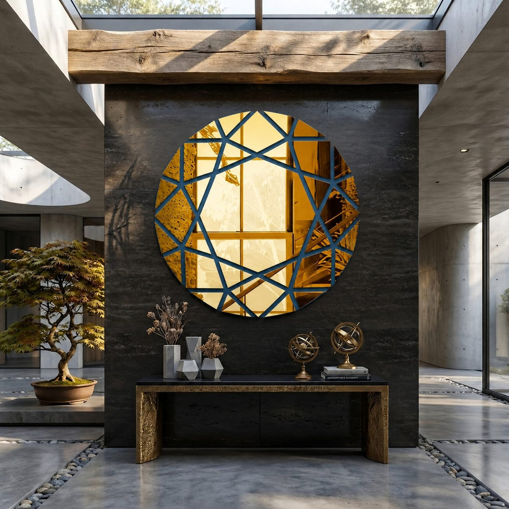 Acrylic Mirror Circle Wall Decoration | Gold Geometric Diamond Design | 24x24 Inch | Premium Mirror Finish | Home & Office Decor