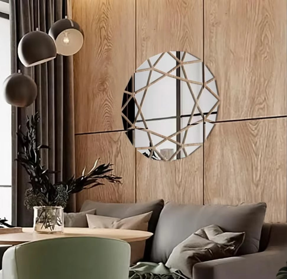 Acrylic Mirror Circle Wall Decoration | Gold Geometric Diamond Design | 24x24 Inch | Premium Mirror Finish | Home & Office Decor